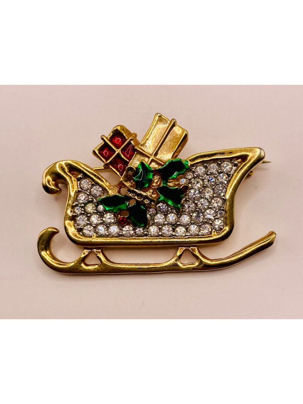 Vintage Gold Tone Rhinestone Christmas Sleigh Brooch Pin Marked "L-S" -7B